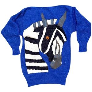 VINTAGE Sparkling Royal‎ Blue Chunky Knit Zebra Appliqué Sweater
